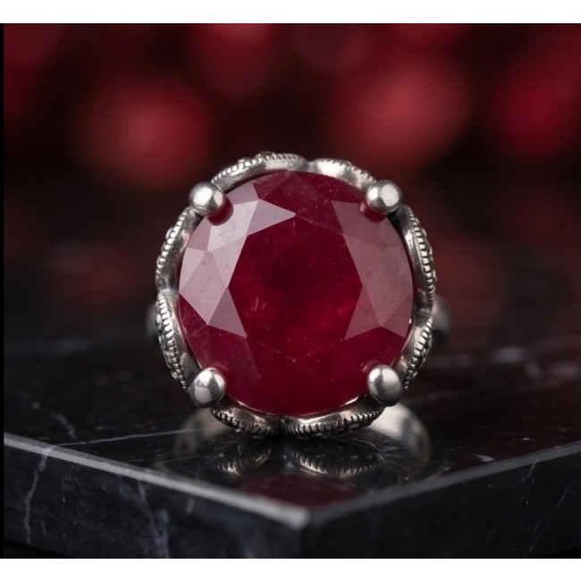 Carmen Natural 22.4 carat Ruby .925 Sterling Silver dipped in rhodium handmade Large Statement Ring size 10 - Close-up of Carmen Natural 22.4ct Ruby in .925 Sterling Silver setting.