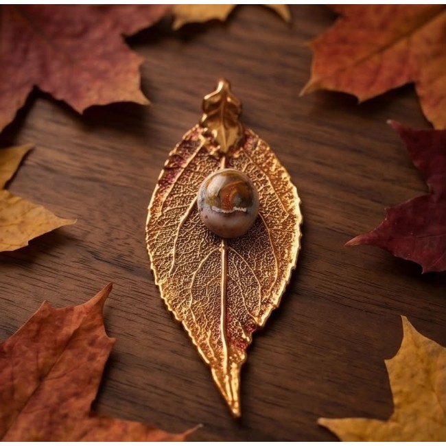 Stylish REAL Leaf dipped in copper Mexican Opal .925 Sterling Silver and Copper Pendant - Leaf jewelry with Mexican Opal on wood, surrounded by autumn leaves.