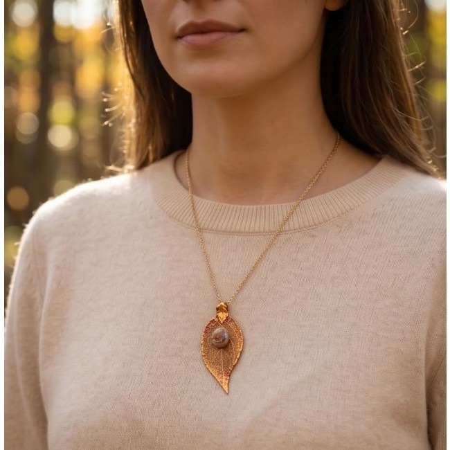 Stylish REAL Leaf dipped in copper Mexican Opal .925 Sterling Silver and Copper Pendant - Woman wearing copper-dipped leaf necklace with Mexican Opal.
