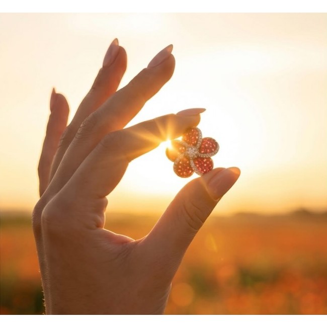 Born to Glam Floral design authentic 10.2 carat Ruby .925 Silver handcrafted Ring s. 7 - Hand holding Born to Glam floral ruby jewelry against sunset backdrop.