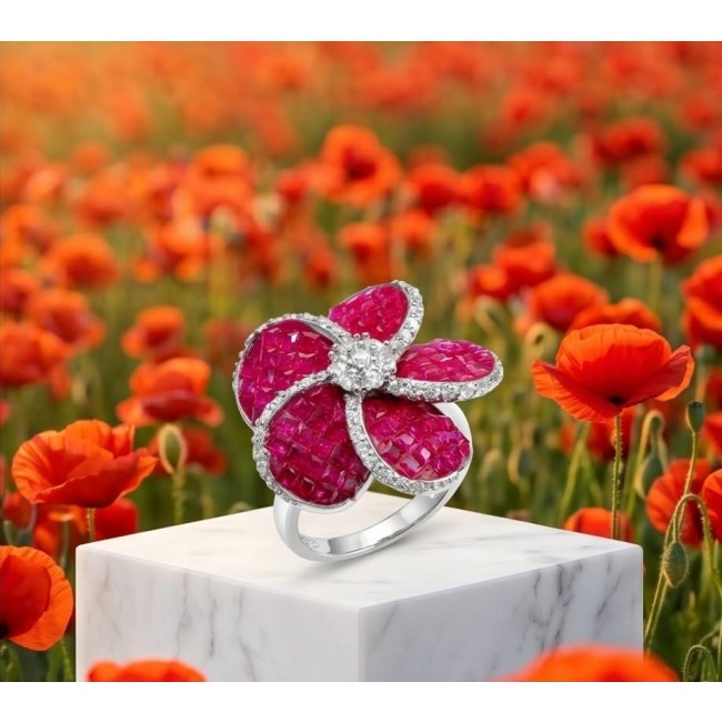 Born to Glam Floral design authentic 10.2 carat Ruby .925 Silver handcrafted Ring s. 7 - Floral Ruby ring with diamond accents on marble, poppy field background