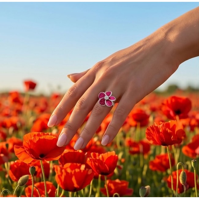 Born to Glam Floral design authentic 10.2 carat Ruby .925 Silver handcrafted Ring s. 7 - Floral ruby ring worn on hand in a poppy field.