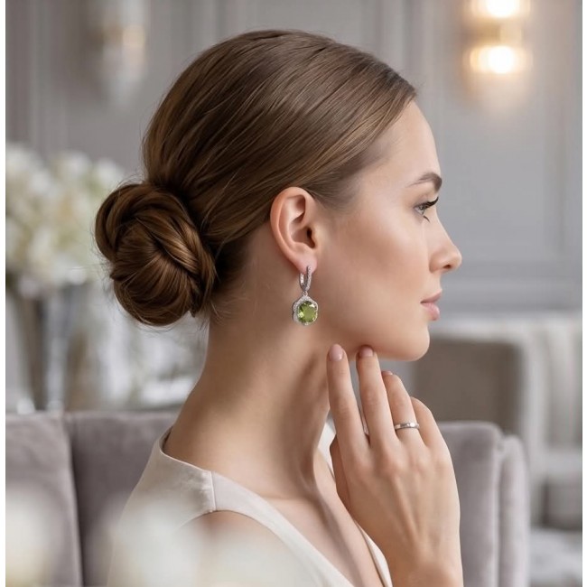 Green Clover 10.9 carat authentic Brazilian Peridot .925 Sterling Silver Handcrafted Statement Earrings - Side view of woman wearing Green Clover 10.9 carat Brazilian Peridot earrings.