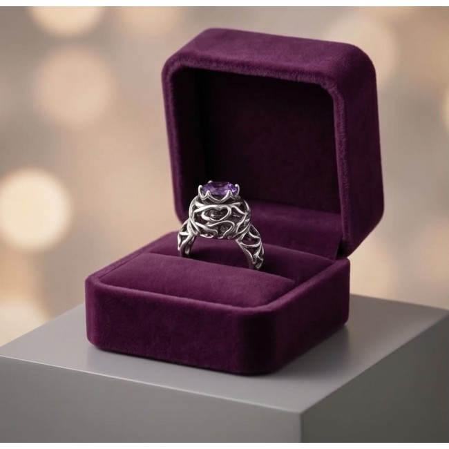 20.5 carat Amethyst .925 Sterling Silver Handcrafted Brutalist Ring size 8 1/2 - Amethyst ring in purple box, frontal view showing stone and intricate setting.
