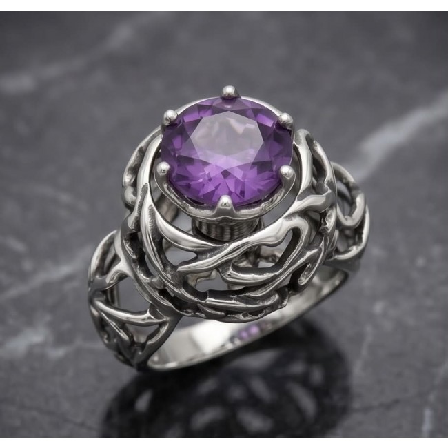 20.5 carat Amethyst .925 Sterling Silver Handcrafted Brutalist Ring size 8 1/2 - Close-up of Amethyst set in handcrafted .925 sterling silver ring
