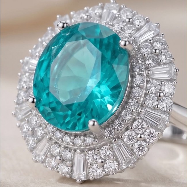 Wonderland 10.5 carat Brazilian Paraiba Tourmaline .925 Sterling Silver Handcrafted Ring size 9 - Stone close-up of 10.5 carat Brazilian Paraiba Tourmaline ring