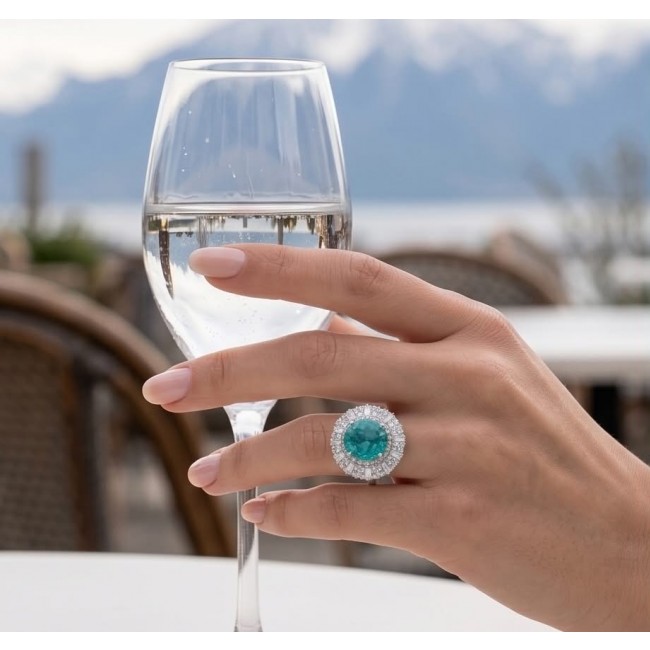 Wonderland 10.5 carat Brazilian Paraiba Tourmaline .925 Sterling Silver Handcrafted Ring size 9 - Worn on hand: 10.5 carat Brazilian Paraiba Tourmaline ring with diamonds.
