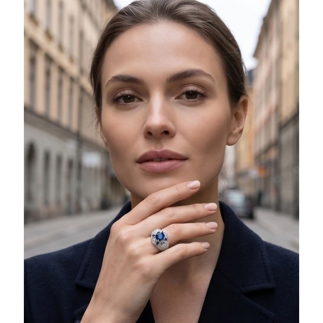 Blue Extravaganza 12.2 carat natural Sapphire .925 Sterling Silver Perfectly handcrafted Ring s. 7 - Sapphire ring worn on hand, street background, close-up.