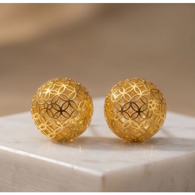 Black Label Collection - Dubai Style - Natural 22K Gold over .925 Sterling Silver handmade earrings - Dubai Style gold earrings, front view with intricate filigree design.