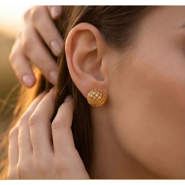 Black Label Collection - Dubai Style - Natural 22K Gold over .925 Sterling Silver handmade earrings - Side view of 22K gold earrings worn on ear, intricate pattern visible.