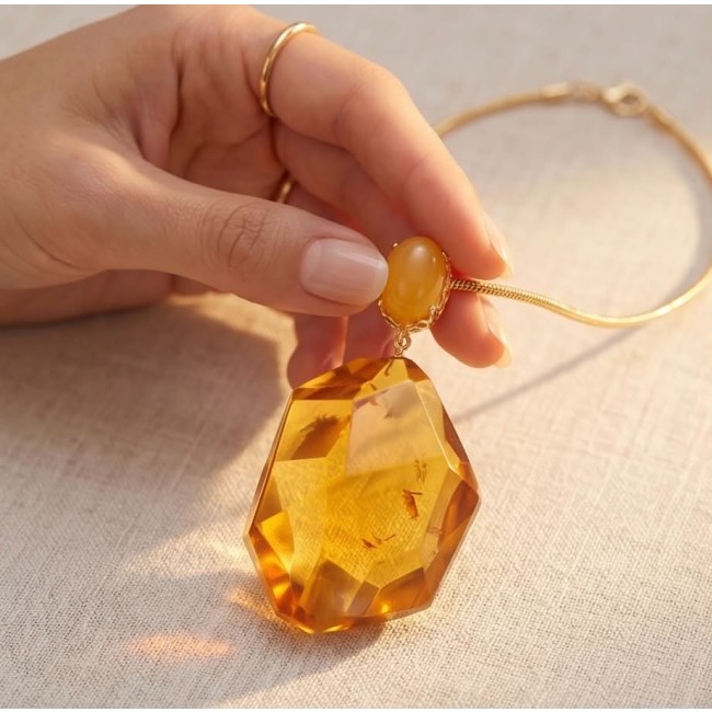 Wonderful Perfection real faceted Elegant Genuine Golden Baltic Amber 22K Gold over .925 Silver handcrafted Necklace - Close-up of faceted golden pendant and bracelet on hand