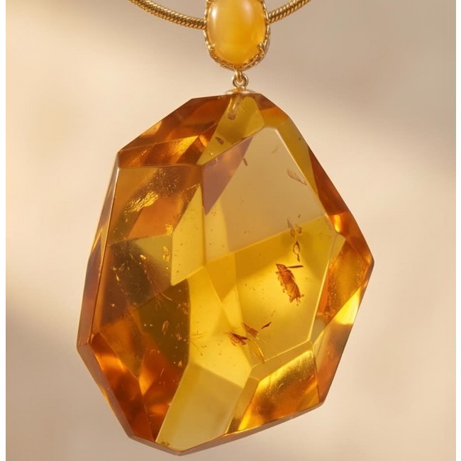 Wonderful Perfection real faceted Elegant Genuine Golden Baltic Amber 22K Gold over .925 Silver handcrafted Necklace - Close-up of faceted golden amber pendant with insect inclusions.