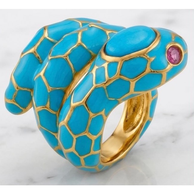 Blue Snake inlay Truquoise Enamel 2.6 carat natural Turquoise 18K Gold over .925 Sterling Silver Huge handcrafted Ring s. 8 - Side view of blue snake ring with turquoise enamel and gemstone eye.