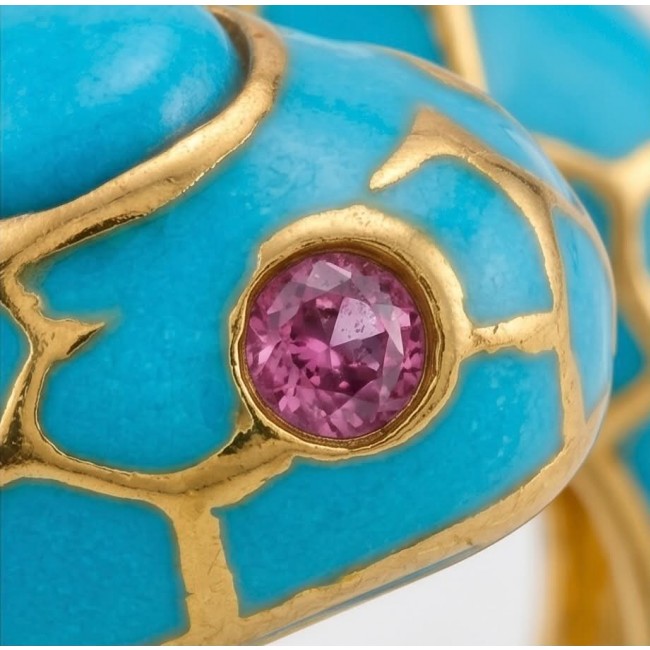 Blue Snake inlay Truquoise Enamel 2.6 carat natural Turquoise 18K Gold over .925 Sterling Silver Huge handcrafted Ring s. 8 - Close-up of blue snake jewelry with pink stone and gold detailing.