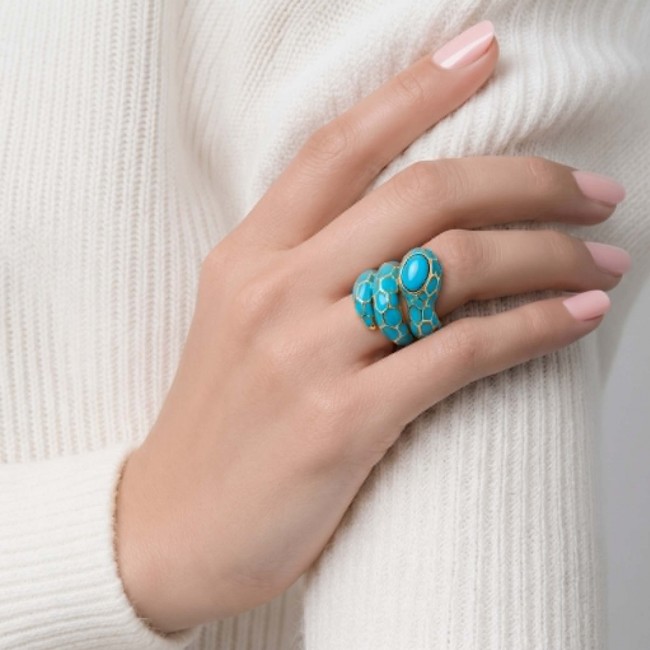 Blue Snake inlay Truquoise Enamel 2.6 carat natural Turquoise 18K Gold over .925 Sterling Silver Huge handcrafted Ring s. 8 - Snake ring with turquoise enamel worn on hand, close-up view