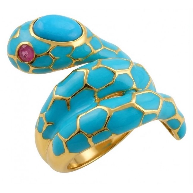 Blue Snake inlay Truquoise Enamel 2.6 carat natural Turquoise 18K Gold over .925 Sterling Silver Huge handcrafted Ring s. 8 - Side view of a blue snake ring with turquoise enamel and ruby eye.