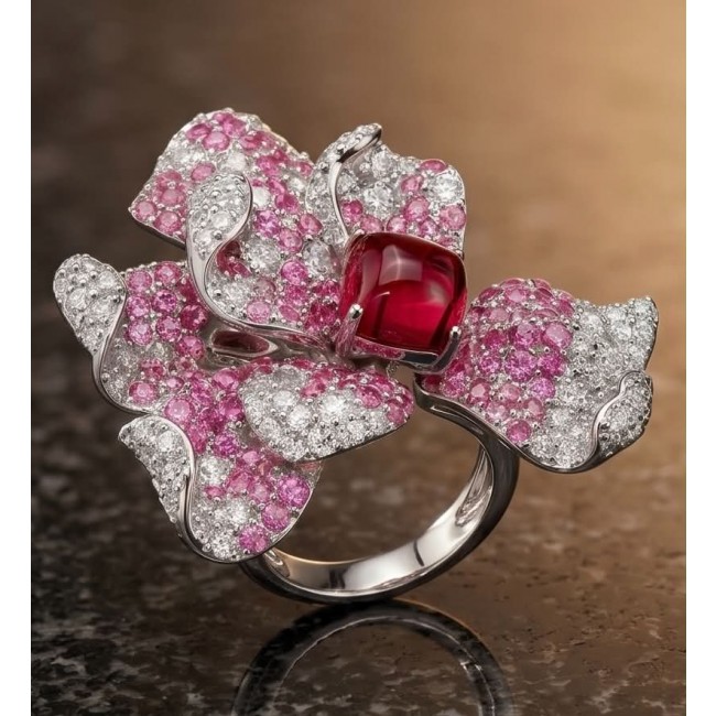 Wild Hibiscus 34.2 carat authentic Mozambique Ruby White Sapphire .925 Sterling Silver handcrafted Statement Ring size 6 - Close-up of Wild Hibiscus ring with Mozambique ruby and diamonds.