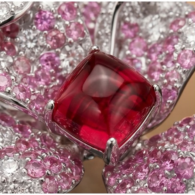 Wild Hibiscus 34.2 carat authentic Mozambique Ruby White Sapphire .925 Sterling Silver handcrafted Statement Ring size 6 - Close-up of Wild Hibiscus Mozambique Ruby and pink gemstones.