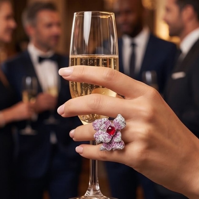 Wild Hibiscus 34.2 carat authentic Mozambique Ruby White Sapphire .925 Sterling Silver handcrafted Statement Ring size 6 - Hand wearing Wild Hibiscus ring with 34.2 carat ruby, holding champagne flute.