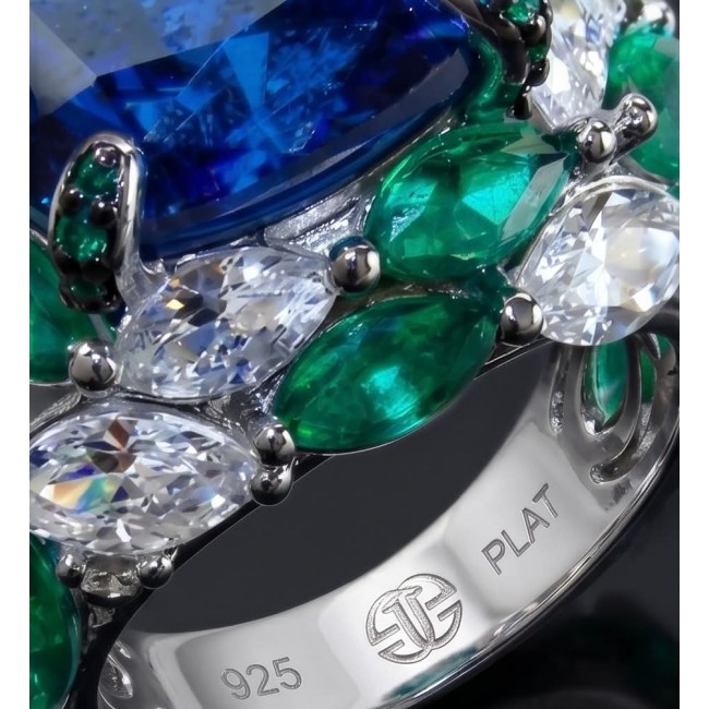 Nautilius 29.2 carat authentic Sapphire Chrome Diopside .925 Sterling Silver handcrafted Statement Ring size 7 1/4 - Close-up of Nautilius ring with sapphire, diopside, and clear stones.