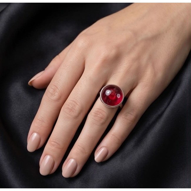 Jeanne Natural 17.4 carat Ruby .925 Sterling Silver dipped in rhodium handmade Statement Ring size 8 - Ruby ring worn on hand, 17.4 carat, sterling silver band