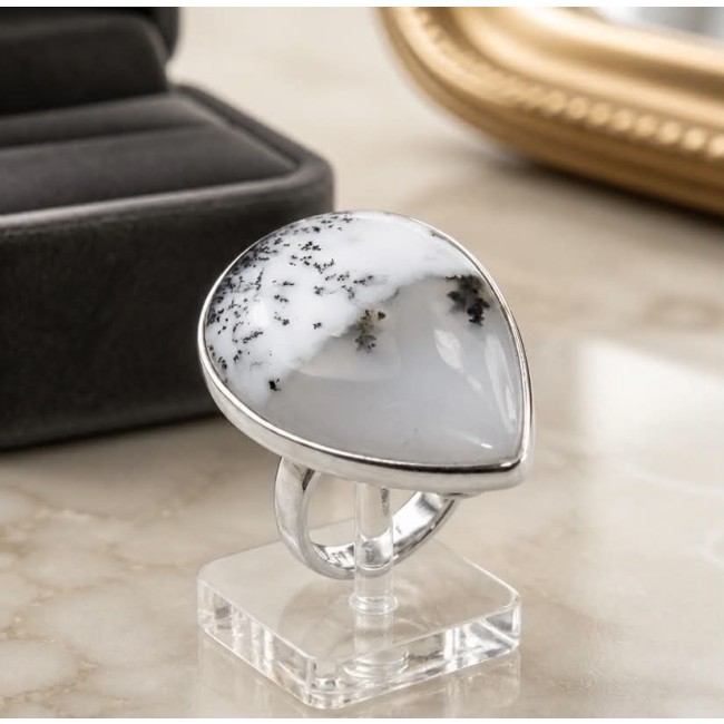 Top Quality Dendritic Agate .925 Sterling Silver handcrafted Large Ring s. 7 adjustable - Top Quality Dendritic Agate ring close-up on stand