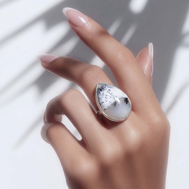 Top Quality Dendritic Agate .925 Sterling Silver handcrafted Large Ring s. 7 adjustable - Dendritic Agate ring worn on hand, close-up view.