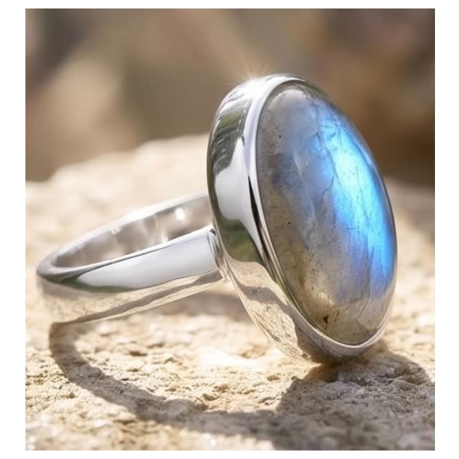 MOONLIGHT Shimmering Labradorite .925 Sterling Silver handcrafted Large ring size 8 adjustable - Side view of labradorite ring with shimmering blue hues in silver setting.