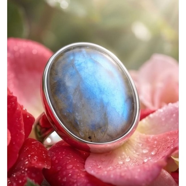 MOONLIGHT Shimmering Labradorite .925 Sterling Silver handcrafted Large ring size 8 adjustable - Close-up of MOONLIGHT labradorite ring on flowers, showcasing stone shimmer.