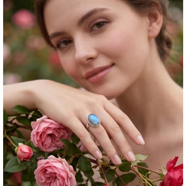MOONLIGHT Shimmering Labradorite .925 Sterling Silver handcrafted Large ring size 8 adjustable - Woman with pink roses wearing MOONLIGHT Labradorite ring on hand