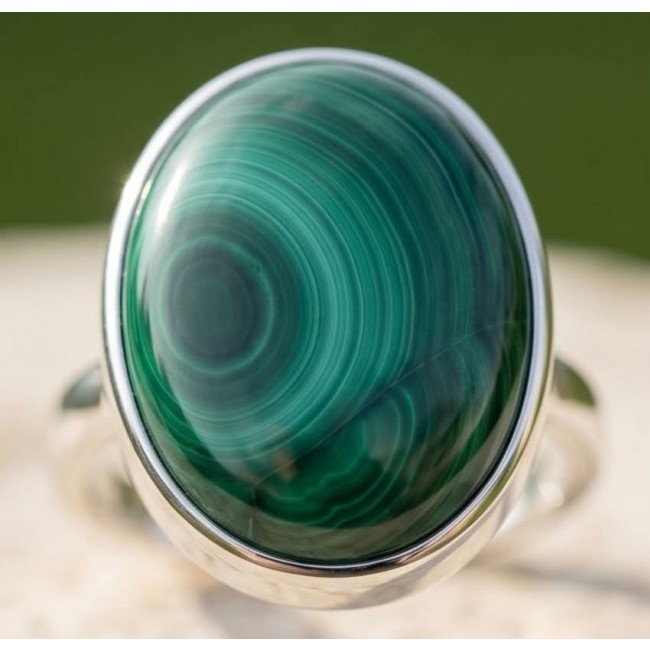 Green Aura 33.2 CARAT genuine Malachite from Utah .925 Sterling Silver handcrafted ring size 8 adjustable - Stone close-up of Green Aura 33.2 carat Malachite in .925 silver setting.