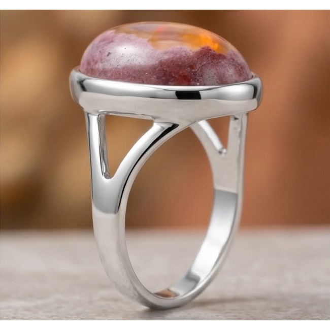 Queen of Fire best quality 18.4 carat Mexican Opal .925 Sterling Silver handmade ring 8 1/4 - Side view of Mexican Opal ring set in .925 sterling silver.