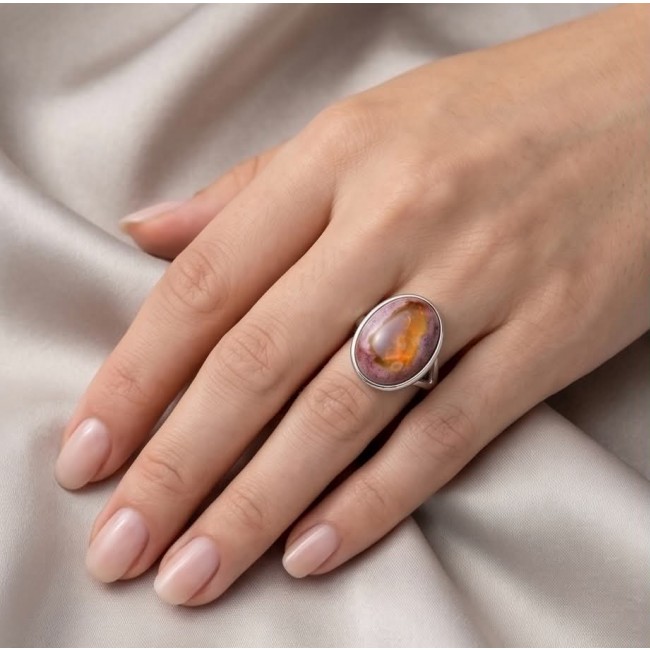 Queen of Fire best quality 18.4 carat Mexican Opal .925 Sterling Silver handmade ring 8 1/4 - 18.4 ct Mexican Opal ring worn on hand, silver band visible