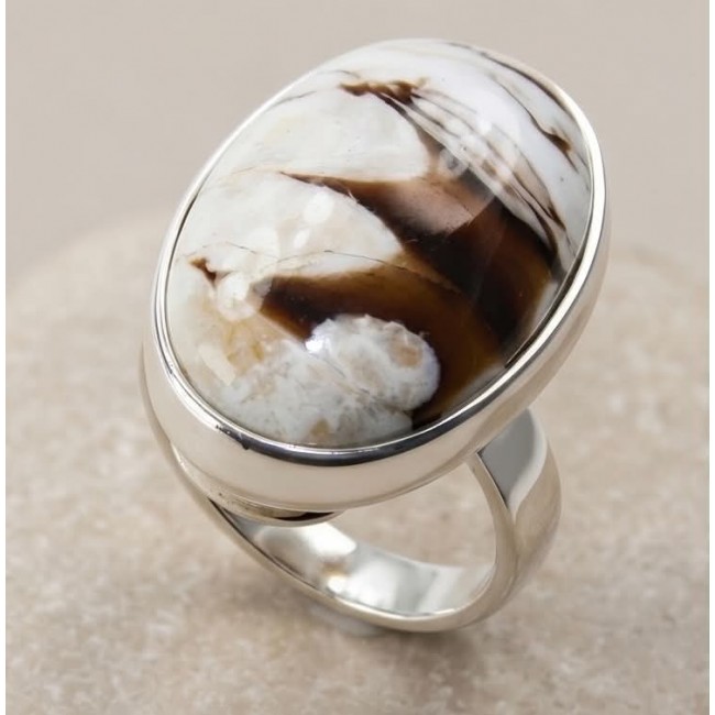 Exotic Petrified Palm Wood .925 Sterling Silver LARGE Ring size 7 adjustable - Exotic Petrified Palm Wood Sterling Silver Ring, stone close-up.