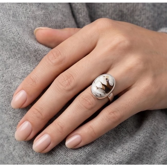 Exotic Petrified Palm Wood .925 Sterling Silver LARGE Ring size 7 adjustable - Ring with petrified palm wood worn on hand, showcasing design.