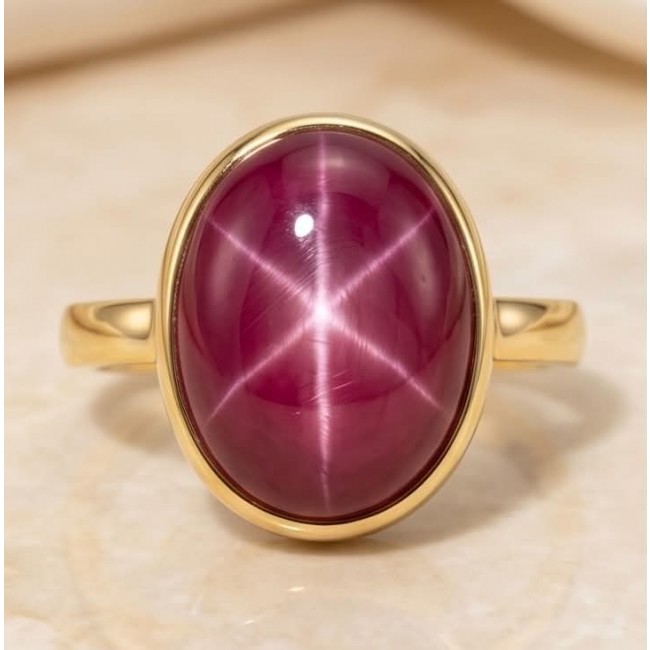 Bella Rosa Genuine 10.5 CARAT Star Ruby 22K Gold over .925 Sterling Silver Large Statement Ring size 8 adjustable - Close-up of Bella Rosa 10.5 carat star ruby ring in 22K gold.