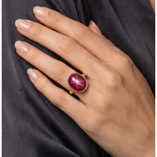 Bella Rosa Genuine 10.5 CARAT Star Ruby 22K Gold over .925 Sterling Silver Large Statement Ring size 8 adjustable - Star Ruby 10.5ct ring in 22K gold, worn on hand, showing stone detail.