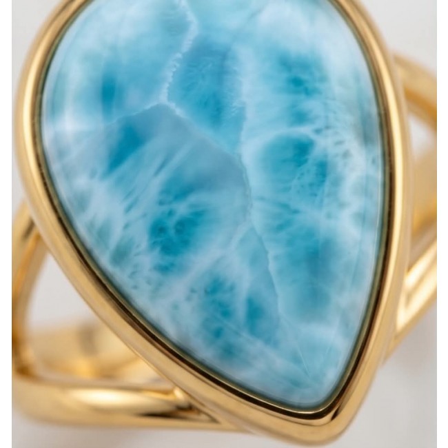 Treasure of Dominican Republic 12.5 carat genuine Larimar .925 Sterling Silver dipped in 22K Gold over Handcrafted Ring size 6 - Close-up of genuine Larimar stone with gold setting.