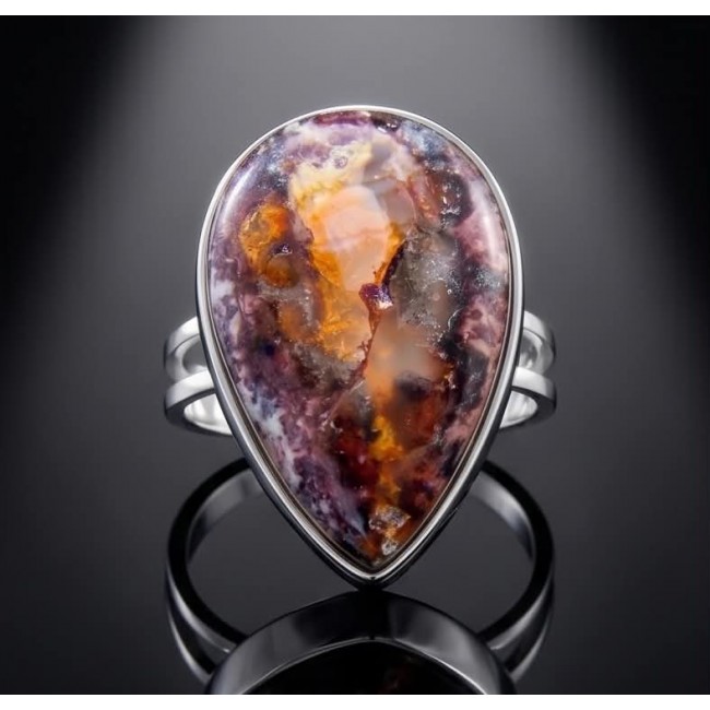 Bonfire Night best quality 28.7 carat Mexican Opal .925 Sterling Silver handmade ring 8 - Close-up of Mexican Opal ring on black background.