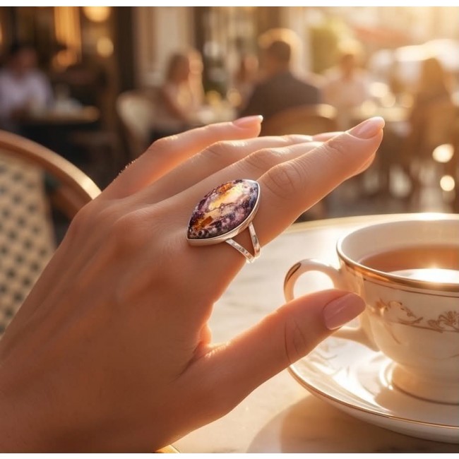 Bonfire Night best quality 28.7 carat Mexican Opal .925 Sterling Silver handmade ring 8 - Mexican Opal ring worn on hand, close-up with teacup in background.