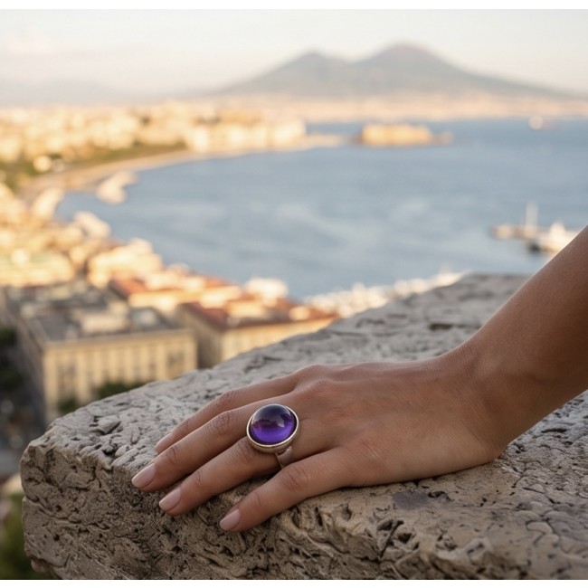 Top quality 22.5 carat Amethyst .925 Sterling Silver Handcrafted Large Ring size 7 - Amethyst ring worn on hand with scenic background.