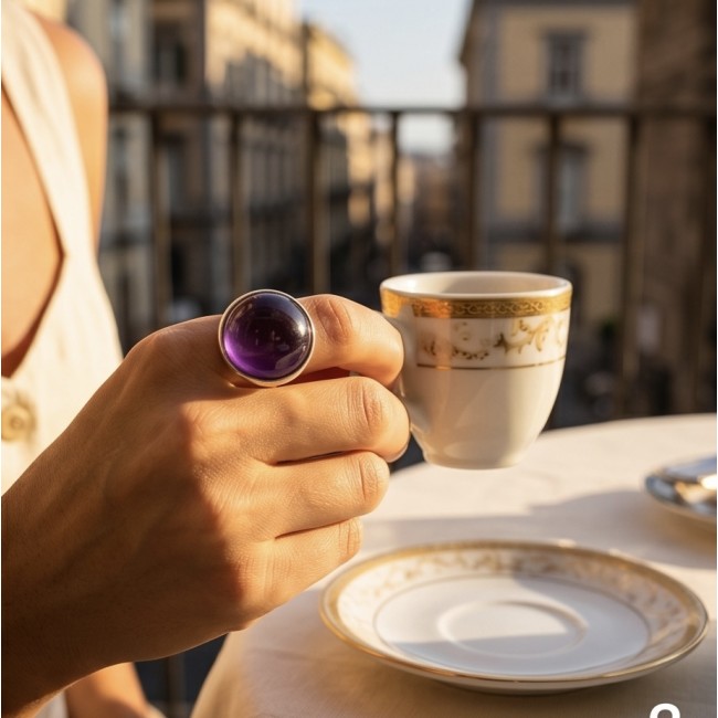Top quality 22.5 carat Amethyst .925 Sterling Silver Handcrafted Large Ring size 7 - Amethyst ring worn on hand, holding a teacup, in a sunny outdoor setting.