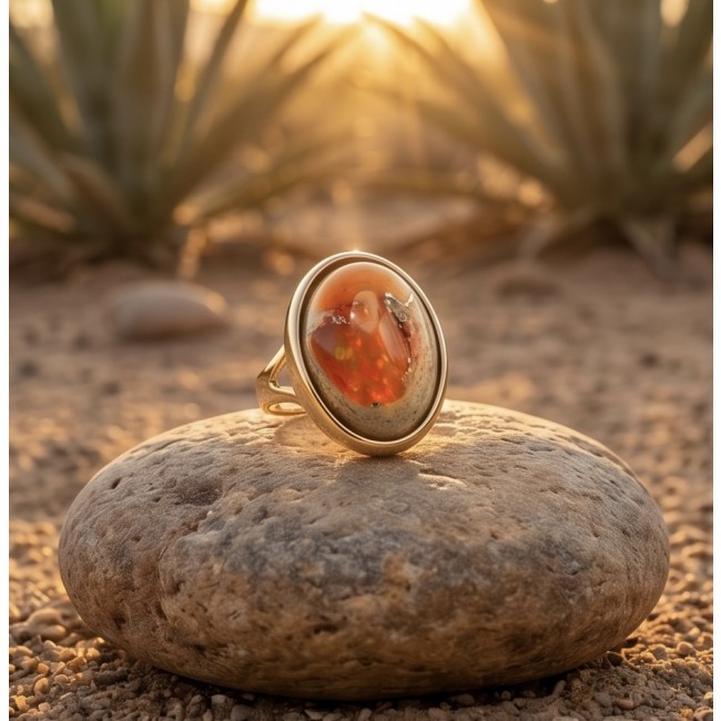 Western Beauty Genuine 24.2 carat Mexican Opal 22K Gold over .925 Sterling Silver handmade Ring size 8 1/4 - Mexican Opal ring in 22K gold, close-up on stone, on a rock in desert setting.
