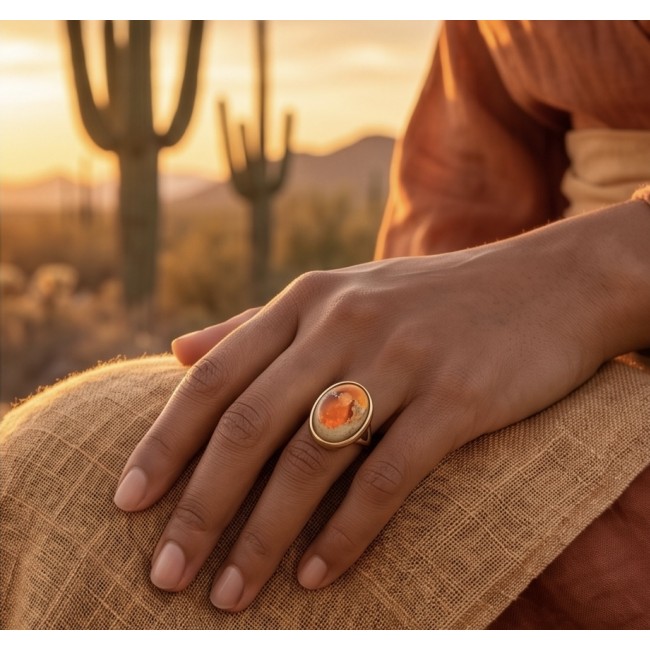 Western Beauty Genuine 24.2 carat Mexican Opal 22K Gold over .925 Sterling Silver handmade Ring size 8 1/4 - Mexican Opal 22K Gold ring worn on hand, desert background.