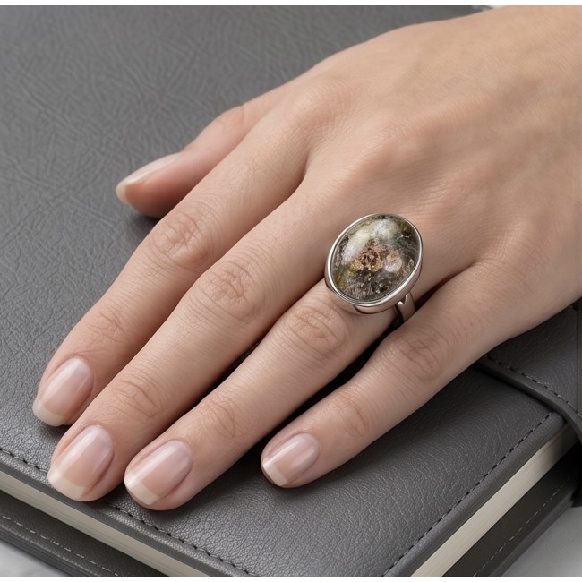 The best quality genuine 19.5 carat Phantom Quartz .925 Sterling Silver handmade Statement Ring s. 7 adjustable - Phantom Quartz ring worn on hand, showcasing stone close-up.
