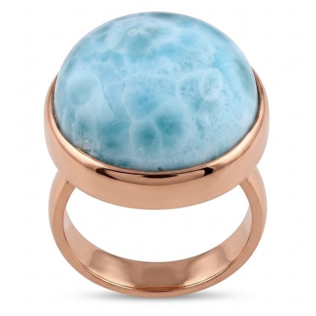 Perfection 22.9 carat Blue Larimar 22K Rose Gold over .925 Sterling Silver handmade ring size 8 adjustable - Blue Larimar ring, 22K rose gold, top view
