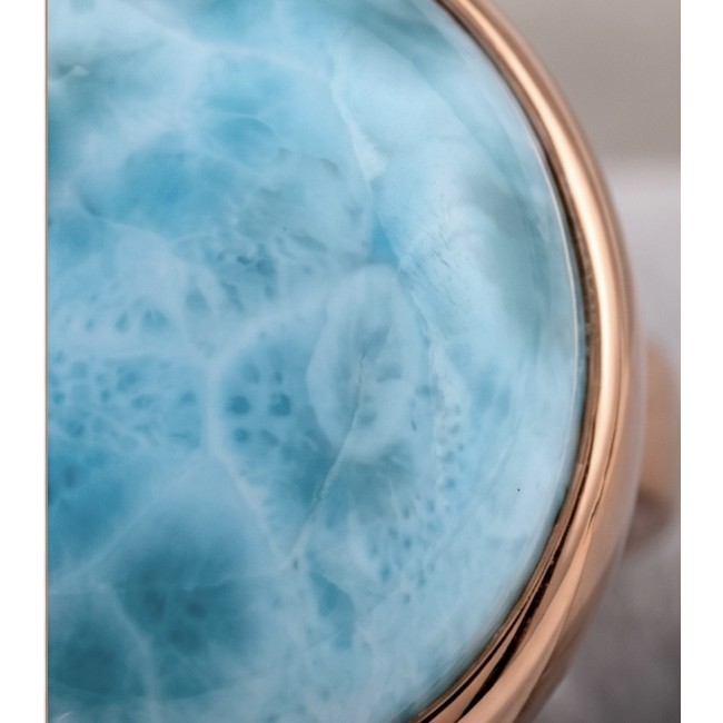Perfection 22.9 carat Blue Larimar 22K Rose Gold over .925 Sterling Silver handmade ring size 8 adjustable - Close-up of 22.9 carat Blue Larimar in 22K Rose Gold setting.
