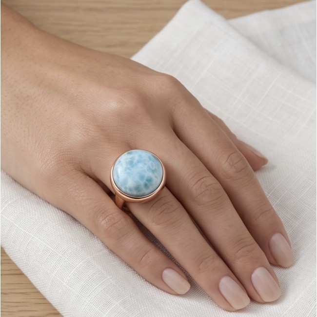 Perfection 22.9 carat Blue Larimar 22K Rose Gold over .925 Sterling Silver handmade ring size 8 adjustable - Blue Larimar ring in rose gold worn on hand, top view.