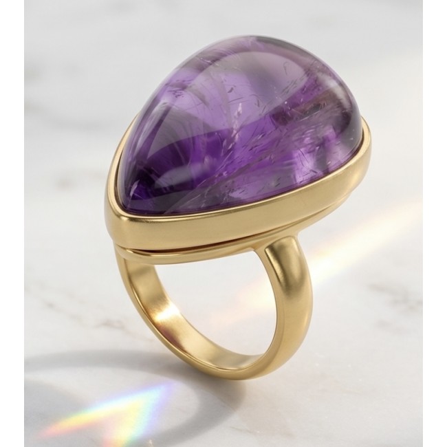 Purple Royalty 45.5 carat Amethyst .925 Sterling Silver dipped in 18K Gold over Handcrafted Large Ring size 7 - Ring with large amethyst stone, side view on marble background.