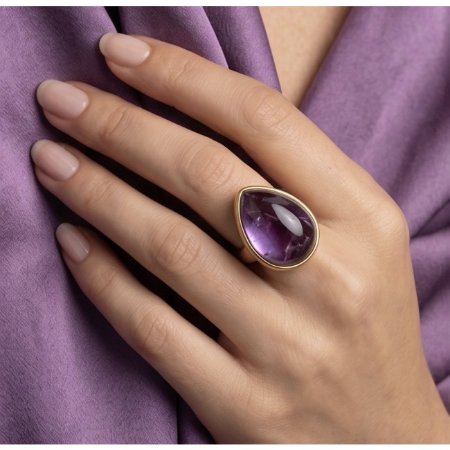 Purple Royalty 45.5 carat Amethyst .925 Sterling Silver dipped in 18K Gold over Handcrafted Large Ring size 7 - Amethyst ring worn on hand, close-up view.